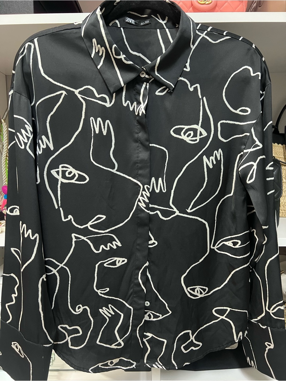 Zara Black Shirt with White Abstract Line Print